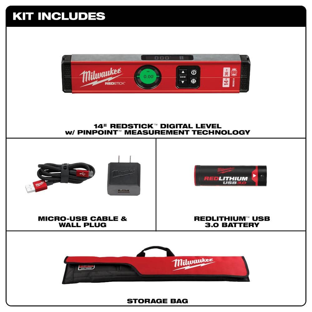 Milwaukee 14 in. REDSTICK Digital Box Level w/ PINPOINT Measurement + 700-Lumen USB Rechargeable LED Flashlight Kit