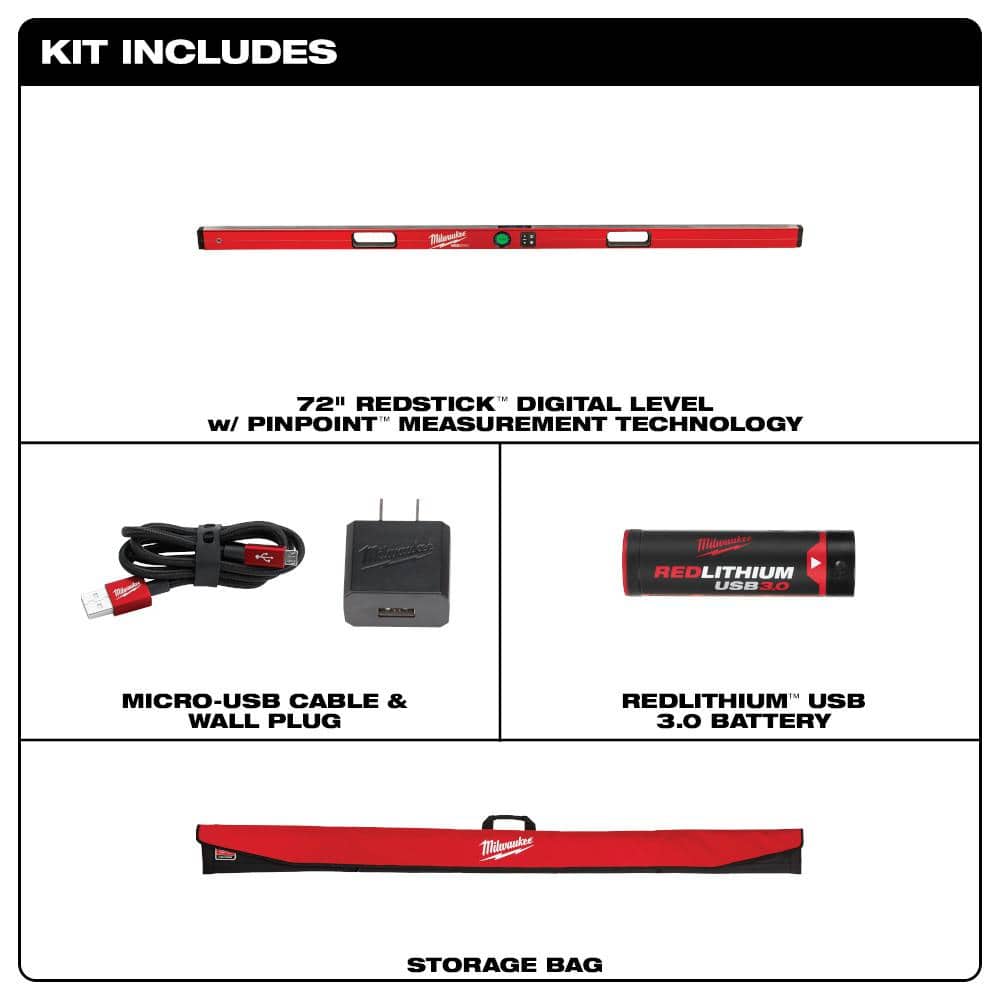 Milwaukee 72 in. REDSTICK Digital Box Level with PINPOINT Measurement Technology + 700-Lumen USB Rechargeable Flashlight