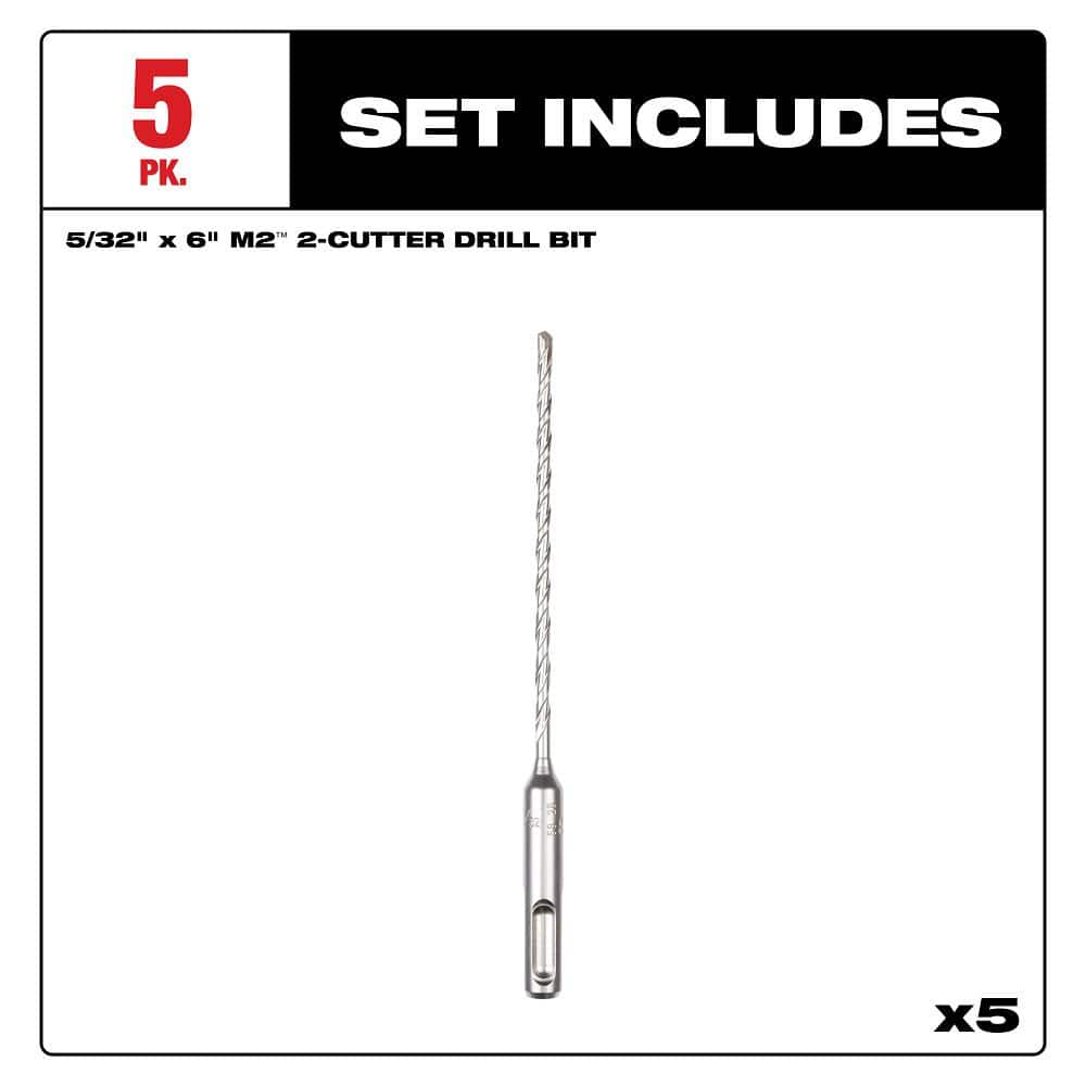 Milwaukee SDS PLUS M2 2-Cutter 5/32 in. x 6 in. Masonry Drill Bit, 5-Pack
