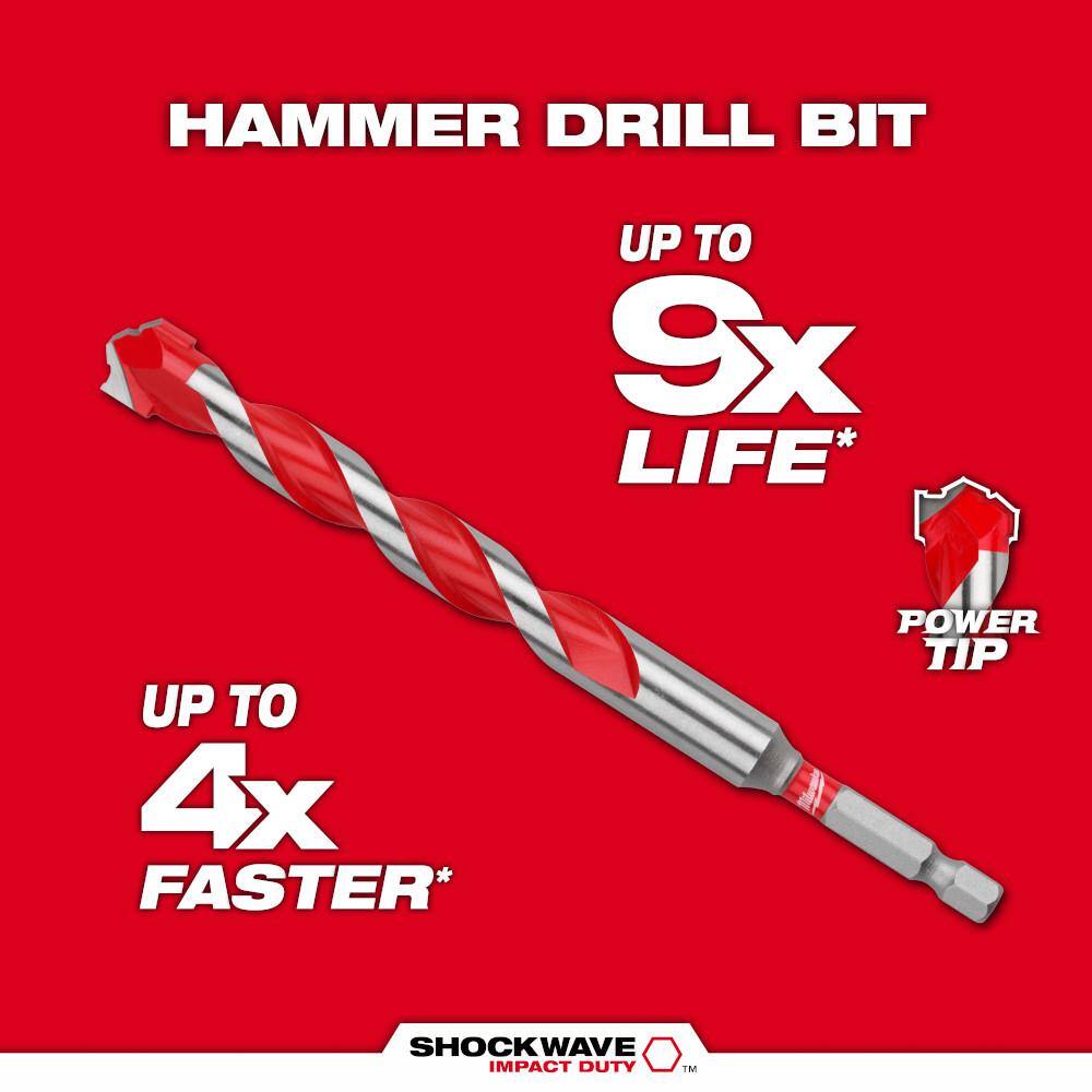 Milwaukee 1/2 in. x 4 in. x 6 in. SHOCKWAVE Carbide Hammer Drill Bit, 1/4 in. Hex Shank