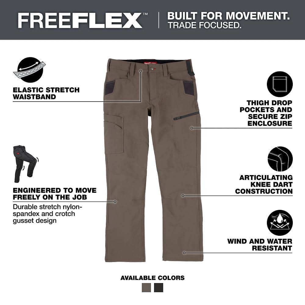 Milwaukee Men's FREEFLEX Tech Work Pants, 36x30, Brown, 7 Pockets