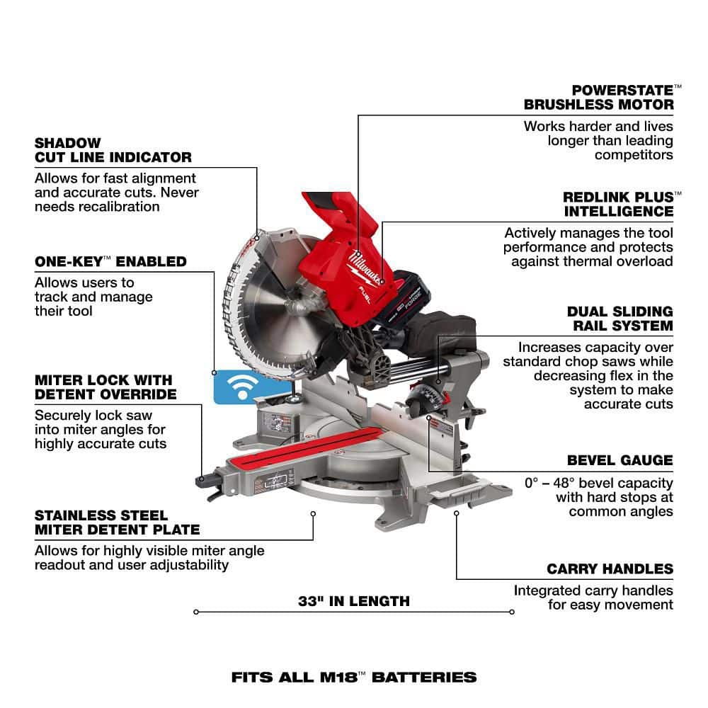 Milwaukee M18 FUEL 18V Brushless Cordless 12 in. Dual Bevel Sliding Compound Miter Saw Kit with ONE-KEY and 12.0Ah Battery