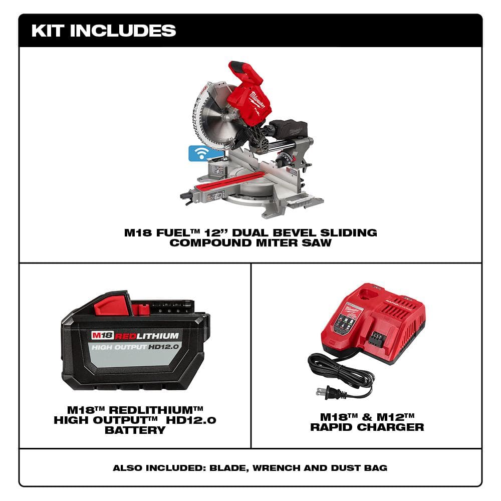 Milwaukee M18 FUEL 18V Brushless Cordless 12 in. Dual-Bevel Sliding Compound Miter Saw Kit with Stand, HD12.0 Battery & Rapid Charger