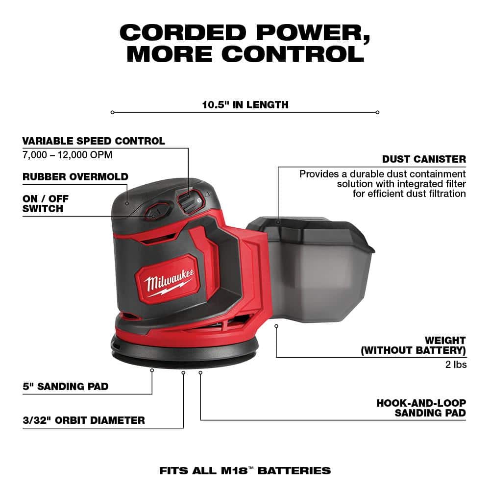 Milwaukee M18 18V Lithium‑Ion Cordless 5 in. Random Orbit Sander Kit with (2) M18 5.0Ah Batteries