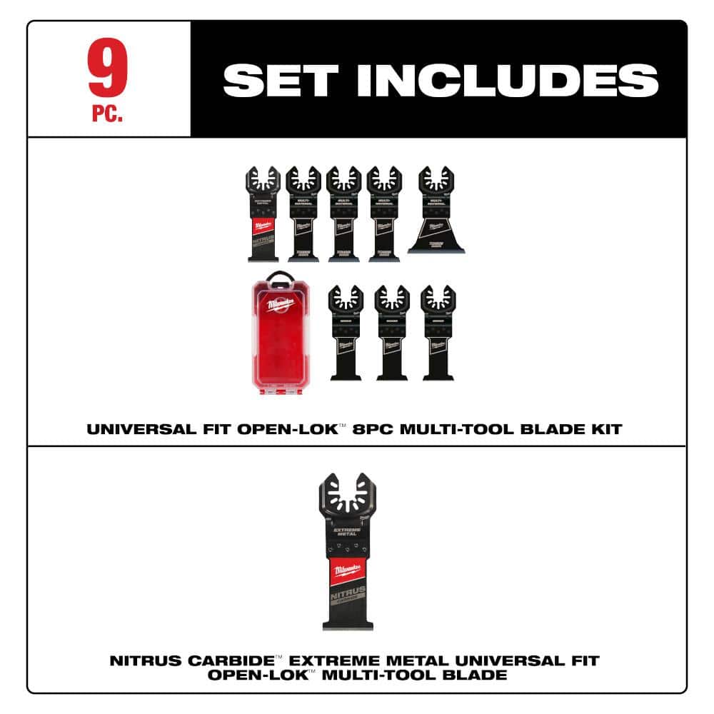 Milwaukee Oscillating Multi-Tool Blade Set, OPEN-LOK, NITRUS CARBIDE & Titanium Charged Bi-Metal (9-Piece)