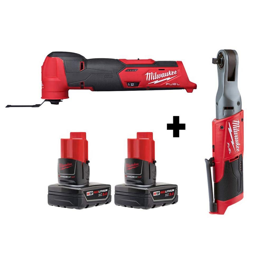 Milwaukee M12 FUEL 12V Cordless Oscillating Multi-Tool + 3/8 in. Ratchet Kit with Two 3.0Ah Batteries
