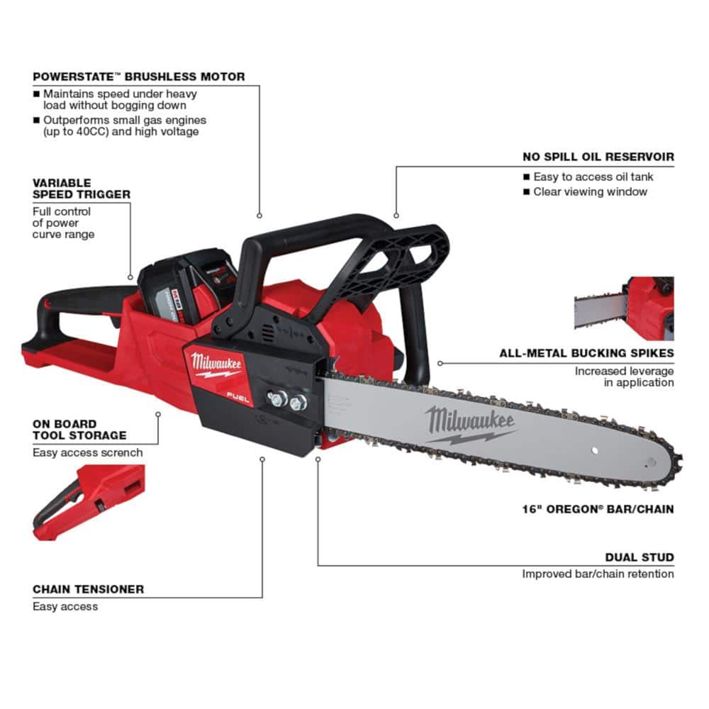 Milwaukee M18 FUEL 16 in. 18-Volt Brushless Cordless Electric Chainsaw with Blower, Pole Pruner, (2) Battery Combo Kit (3-Tool)