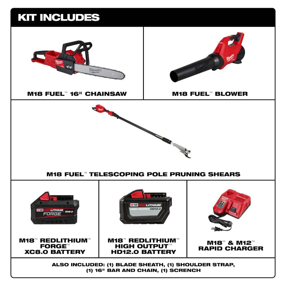 Milwaukee M18 FUEL 16 in. 18-Volt Brushless Cordless Electric Chainsaw with Blower, Pole Pruner, (2) Battery Combo Kit (3-Tool)