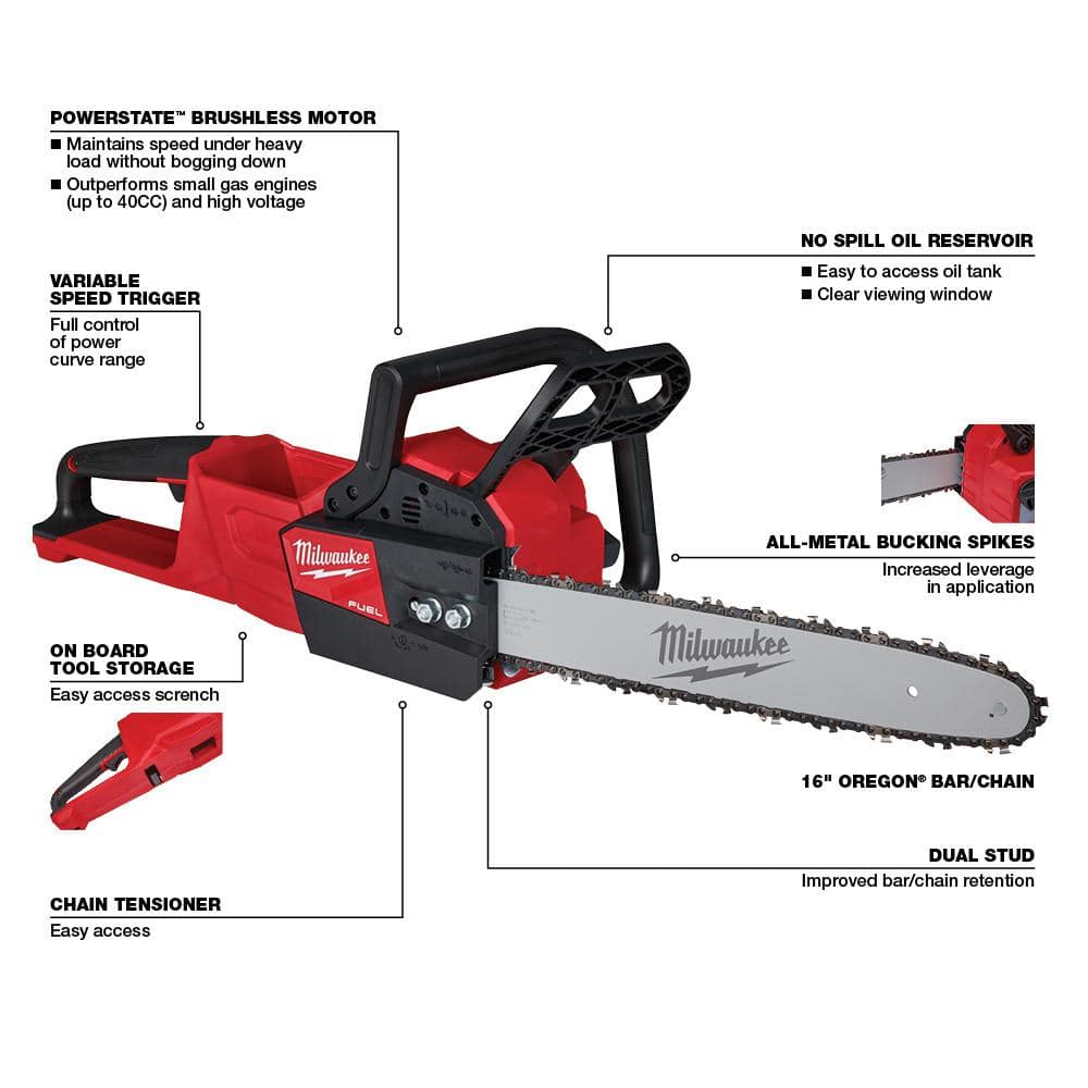 Milwaukee M18 Fuel 16 in. 18-Volt Brushless Cordless Electric Battery Powered Chainsaw Blower and (3) Battery Combo Kit 2-Tool