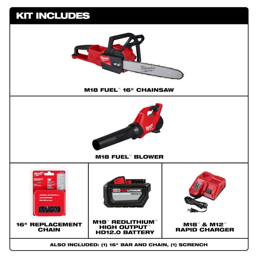 Milwaukee M18 FUEL 16 in. 18-Volt Brushless Cordless Electric Chainsaw w/M18 Blower 12.0 Ah & Extra Chain Combo Kit (2-Tool)