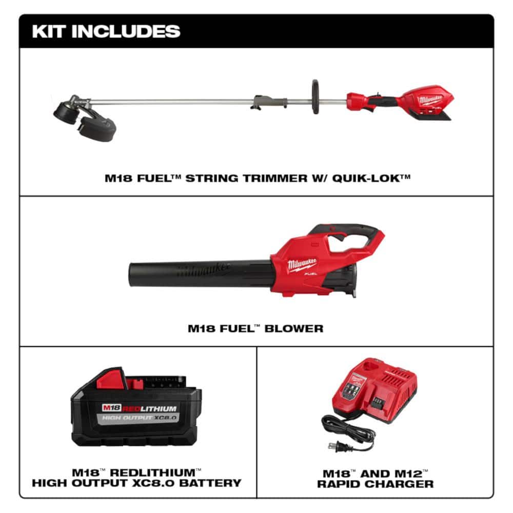 Milwaukee M18 FUEL 18-Volt Brushless Cordless Blower + QUIK-LOK String Trimmer with Rapid Charger Combo Kit (3-Tool)