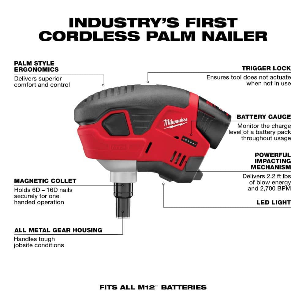 Milwaukee M12 12-Volt Lithium-Ion Cordless Palm Nailer Kit with 1.5Ah Battery, Charger and Tool Bag – 2458-21