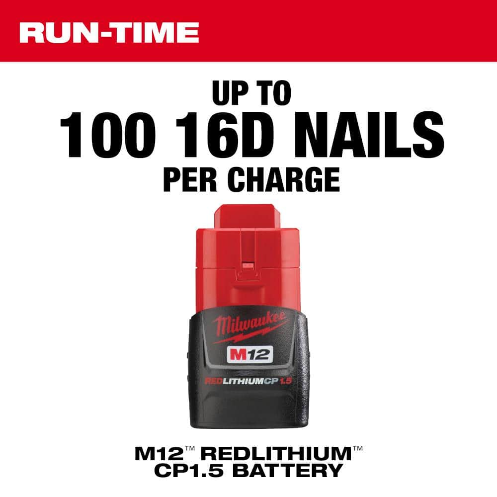 Milwaukee M12 12-Volt Lithium-Ion Cordless Palm Nailer Kit with 1.5Ah Battery, Charger and Tool Bag – 2458-21