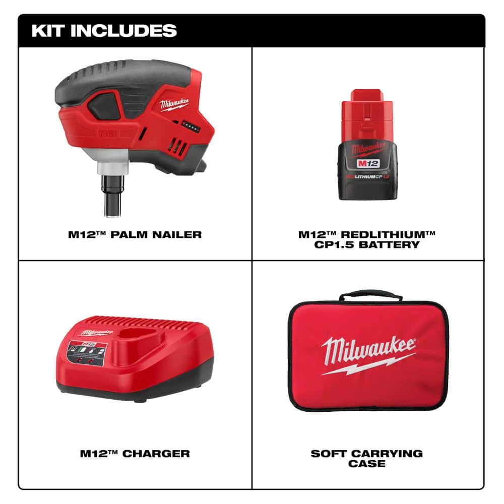 Milwaukee M12 12-Volt Lithium-Ion Cordless Palm Nailer Kit with 1.5Ah Battery, Charger and Tool Bag – 2458-21