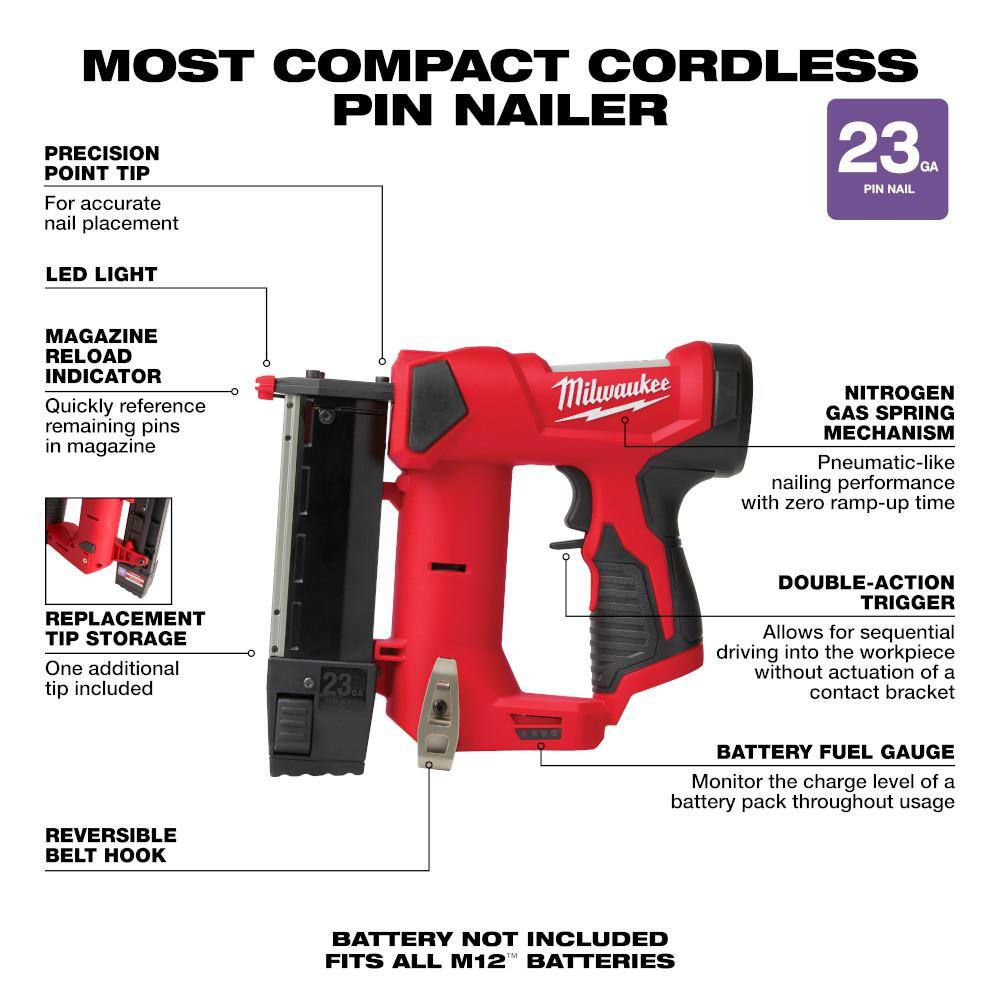 Milwaukee M12 23GA Pin Nailer with M12 FUEL Orbital Detail Sander and M12 High Output CP2.5Ah Battery, 12V