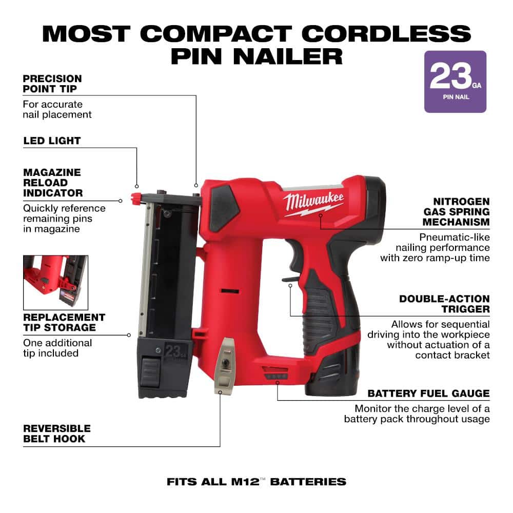 Milwaukee M12 12-Volt 23-Gauge Cordless Pin Nailer Kit with M12 FUEL 4-in-1 Installation 3/8 in. Drill Driver