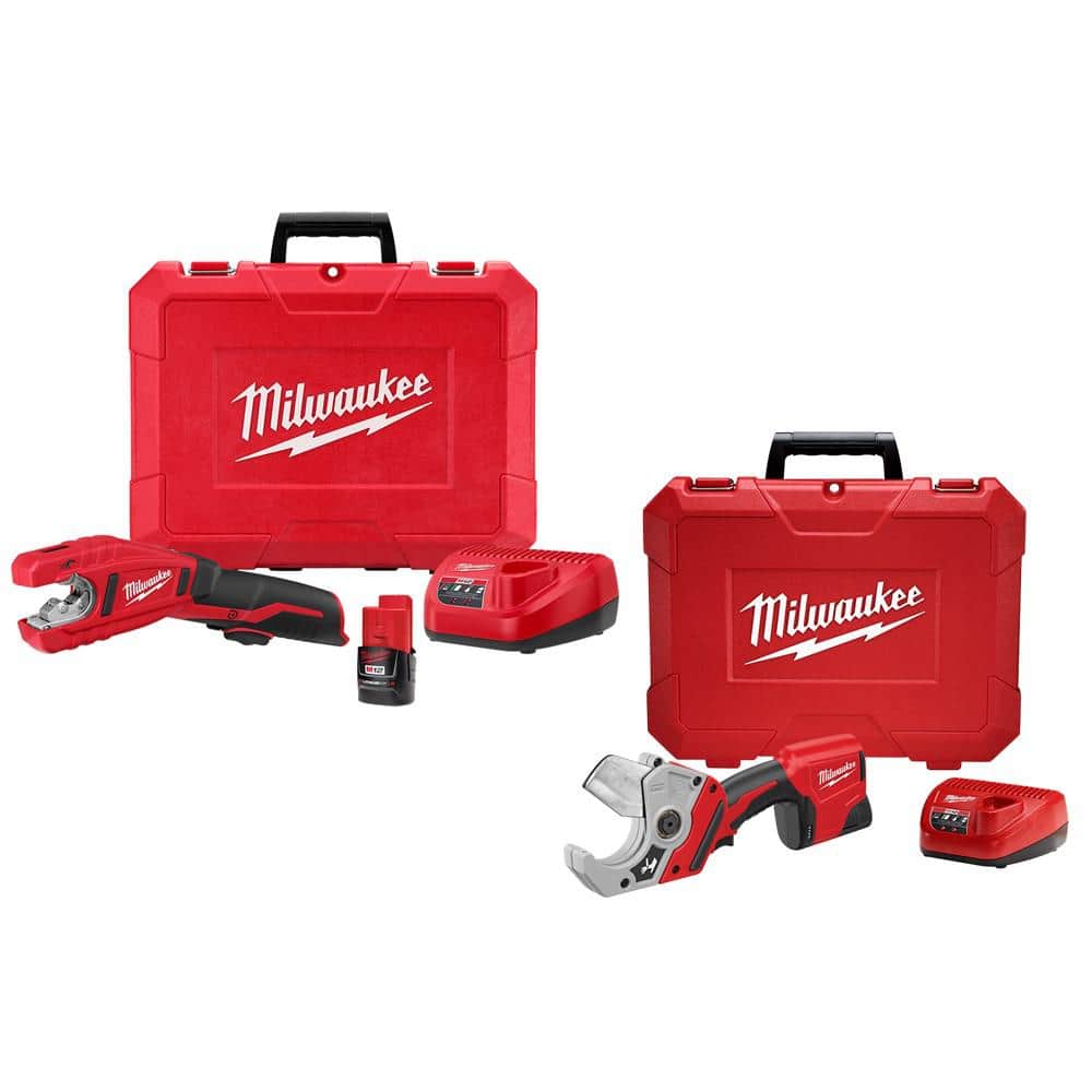 Milwaukee M12 12V Cordless Copper Tubing Cutter + PVC Pipe Shear Kit with (2) M12 HO 2.5Ah Batteries