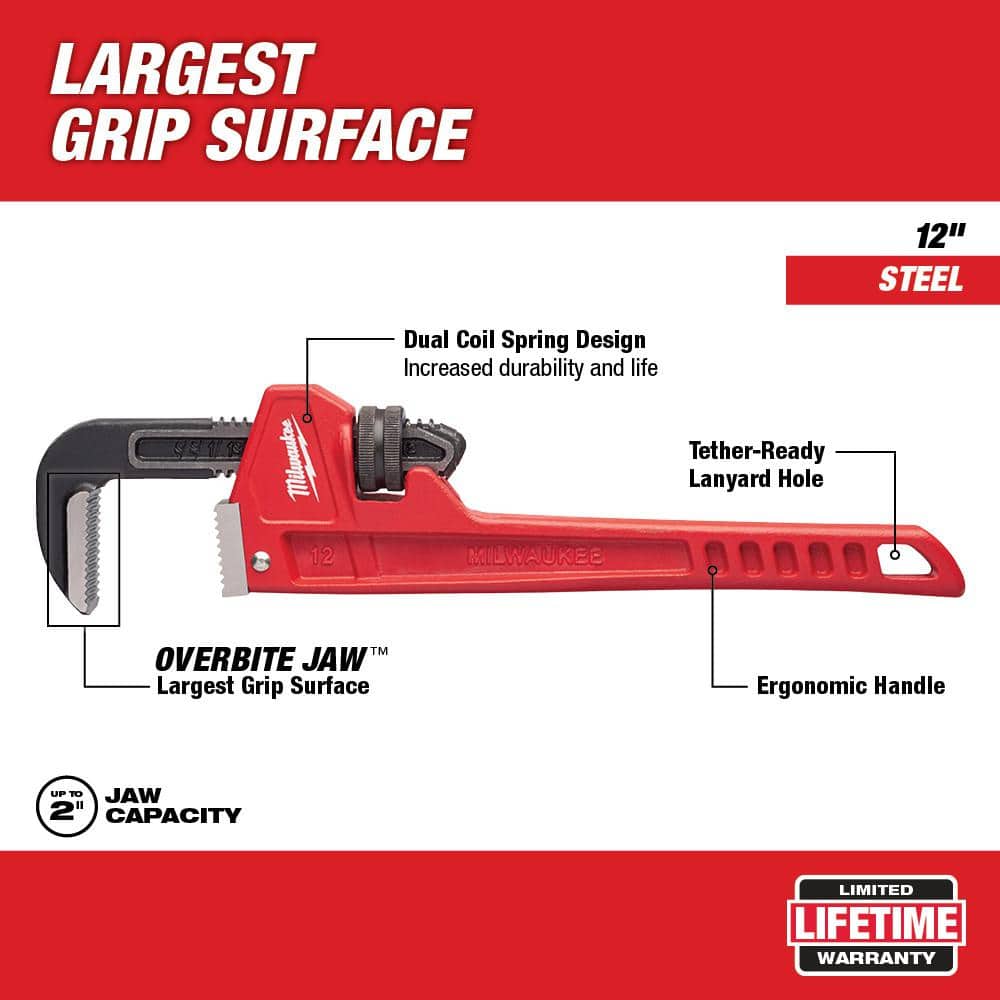 Milwaukee 12 in. Steel Pipe Wrench, Straight, 2 in. Capacity (Model 48-22-7112)