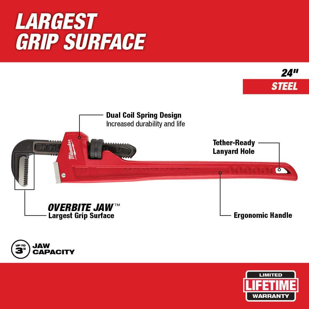 Milwaukee 24 in. Steel Straight Pipe Wrench, 3 in. Jaw Capacity