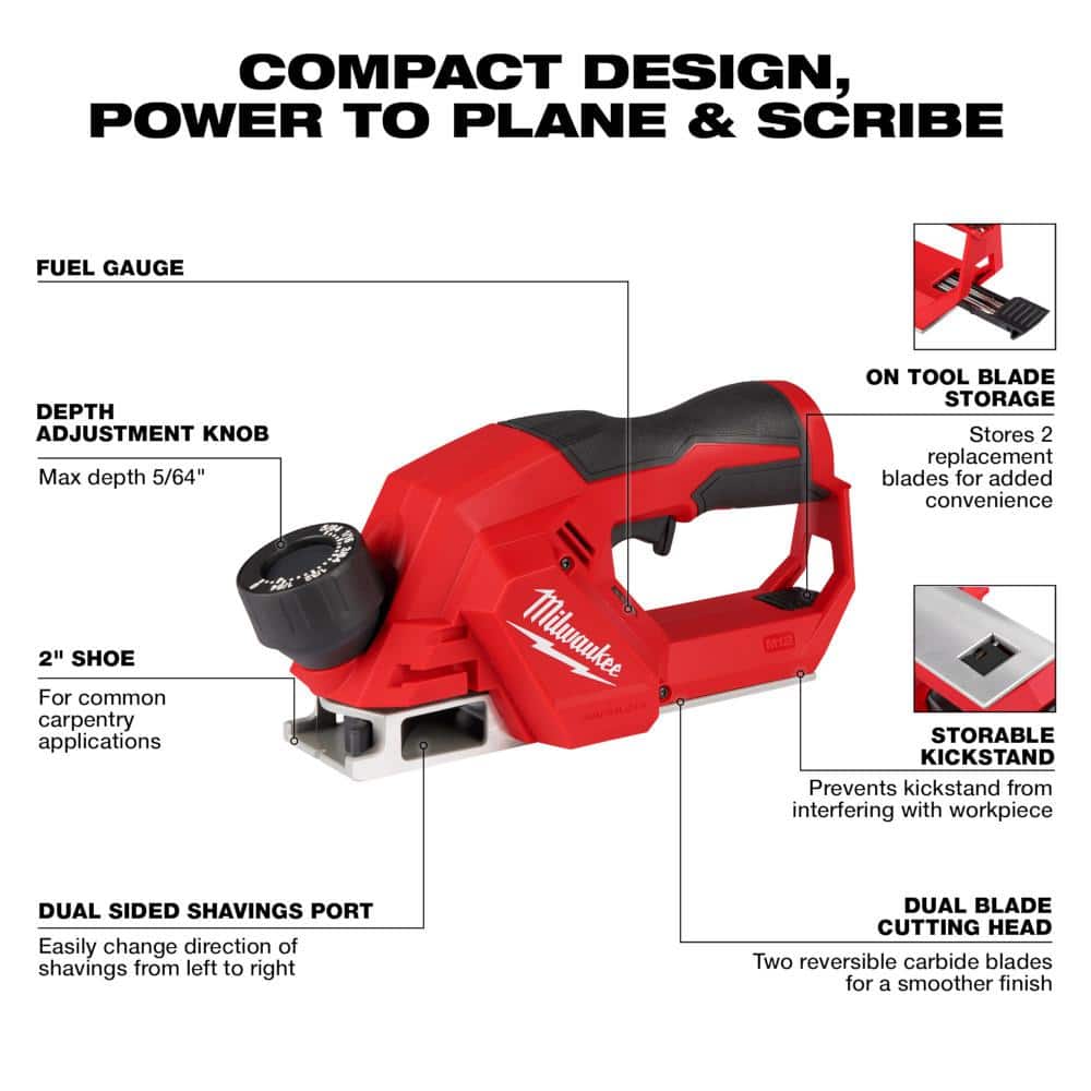 Milwaukee M12 12V Lithium‑Ion Brushless Cordless 2 in. Planer with M12 2‑Tool Combo Kit