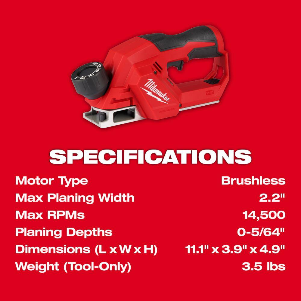 Milwaukee M12 12V Lithium‑Ion Brushless Cordless 2 in. Planer with M12 2‑Tool Combo Kit