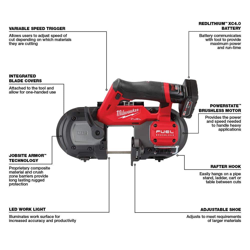 Milwaukee M12 FUEL 12V Li‑Ion Cordless Compact Band Saw Kit with XC4.0 Battery, Charger, 30‑9/16 in Blade & Reamer Attachment Compatibility