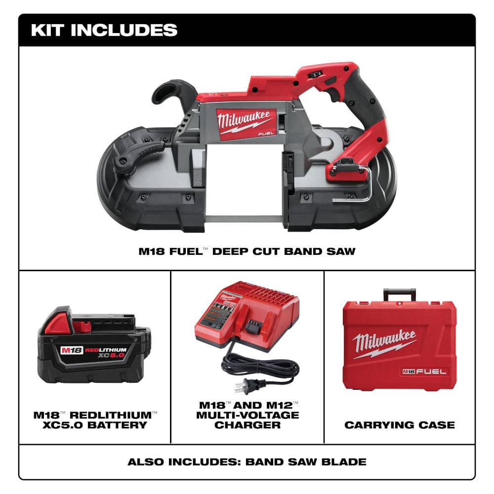 Milwaukee M18 FUEL 18V Lithium‑Ion Brushless Cordless Deep Cut Band Saw Kit, 5 in x 5 in Capacity, with Two 5.0Ah Batteries, Charger & Hard Case (2729-22)