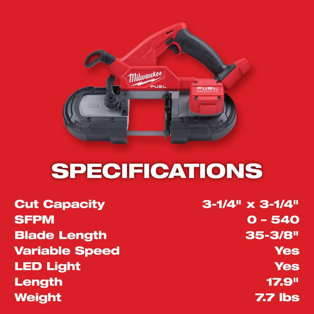 Milwaukee M18 FUEL 18-Volt Lithium-Ion Brushless Cordless Compact Band Saw Kit with 8.0Ah Starter Pack, 3-1/4 in. x 3-1/4 in. Capacity