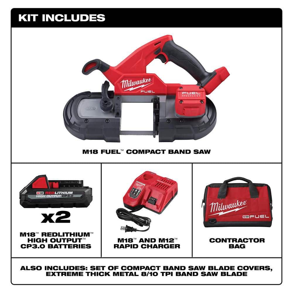 Milwaukee M18 FUEL 18V Lithium-Ion Brushless Cordless Compact Band Saw Kit (2829-22) with Two HIGH OUTPUT CP3.0 Batteries, 35-3/8 in Blade, 3-1/4 x 3-1/4 in Capacity