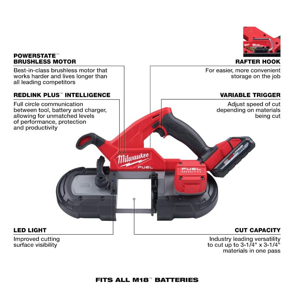 Milwaukee M18 FUEL 18-Volt Lithium-Ion Brushless Cordless Compact Band Saw Kit with (2) 3.0Ah & (1) 6.0Ah High Output Batteries, 3-1/4 in. Capacity