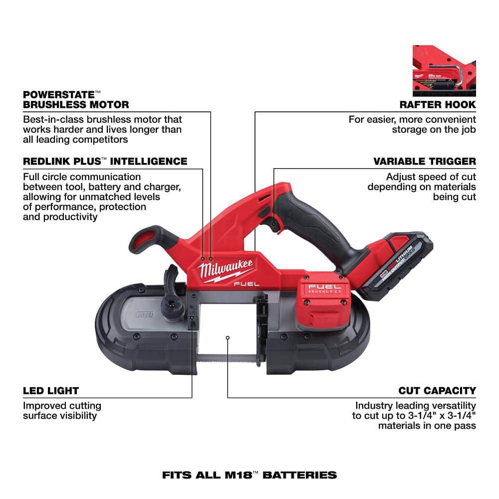Milwaukee M18 FUEL 18-Volt Lithium-Ion Brushless Cordless Compact Band Saw with 6.0 Ah Battery, 3-1/4 in. x 3-1/4 in. Capacity