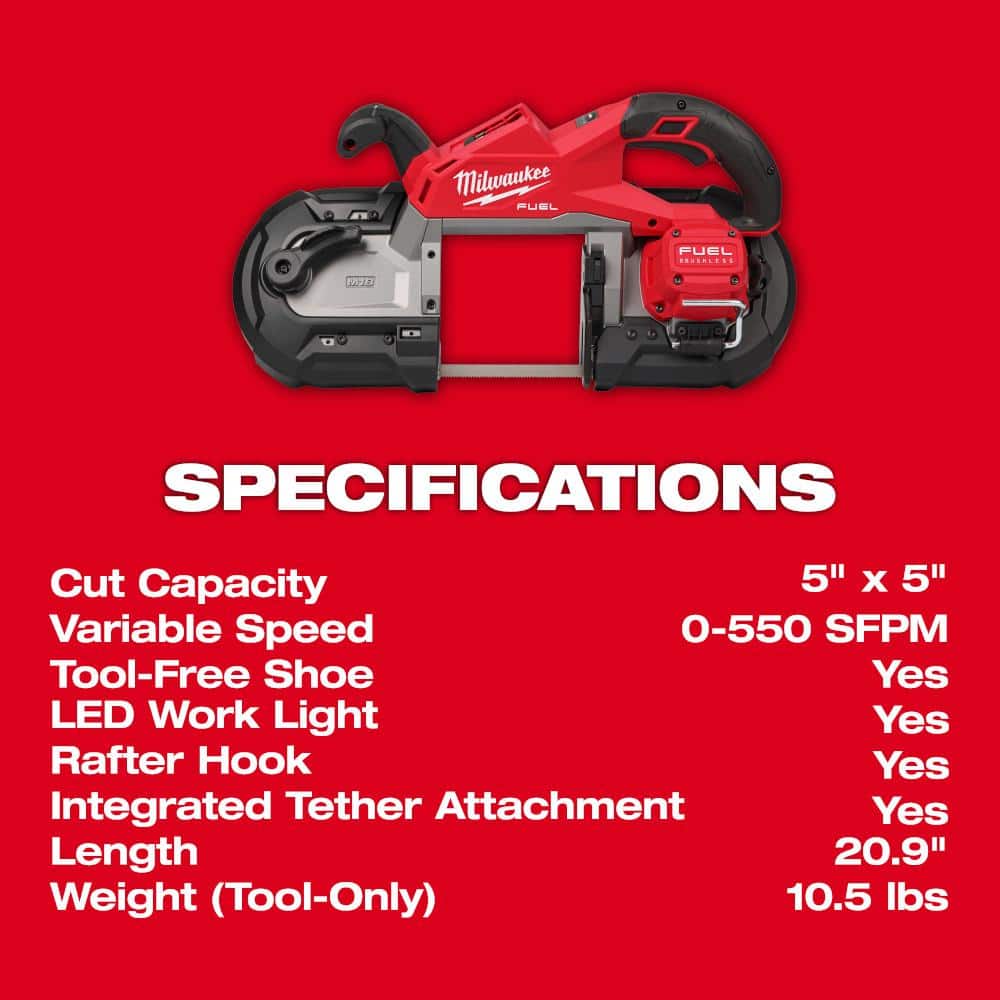 Milwaukee M18 FUEL 18-Volt Brushless Deep Cut Cordless Band Saw Kit with (2) 5.0Ah Batteries, Charger & Hard Case, 5 in. x 5 in. Capacity