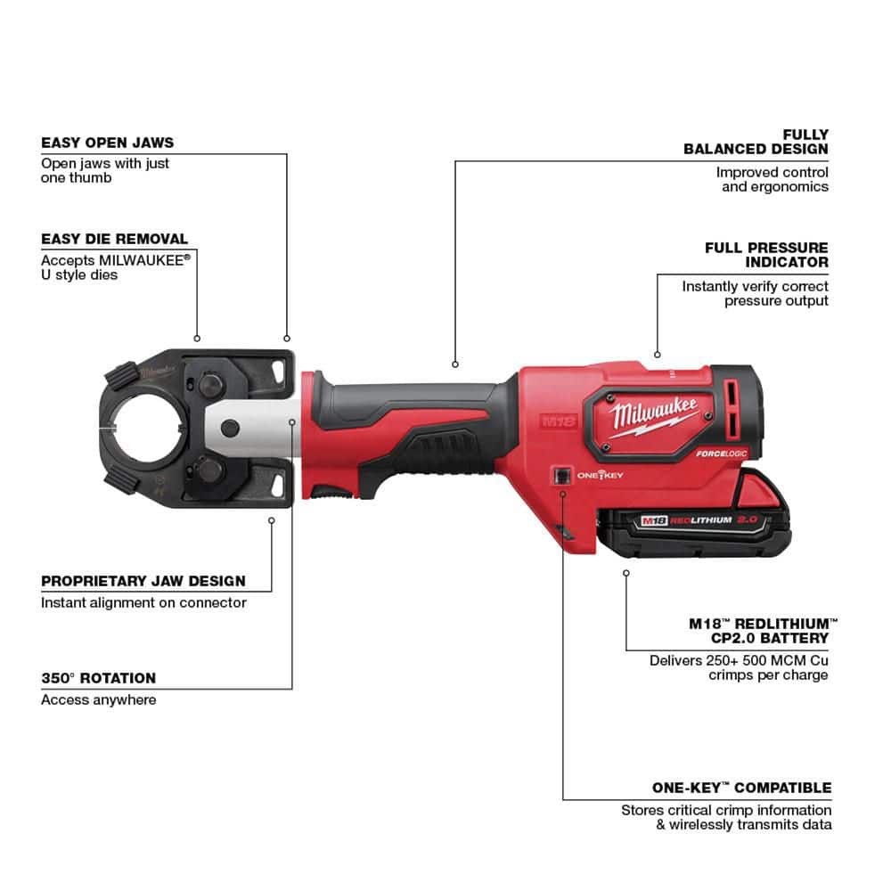 Milwaukee M18 18-Volt FORCE LOGIC 600 MCM Cordless Crimper Kit with 750 MCM Cu/1000 MCM Al Cable Cutting Jaw