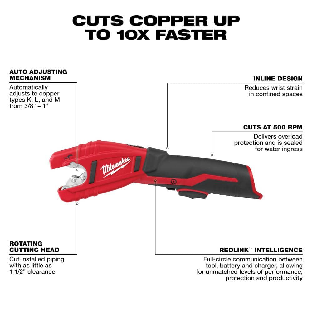 Milwaukee M12 12V Lithium-Ion Cordless Copper Tubing Cutter Kit with 1.5 Ah Battery, Charger & Hard Case plus M12 3/8 in. Ratchet