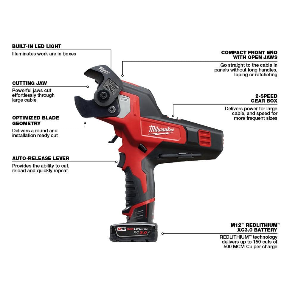 Milwaukee M12 12-Volt Cordless 600 MCM Cable Cutter Kit with 3.0Ah Battery, Charger, Replacement Blade and Hard Case