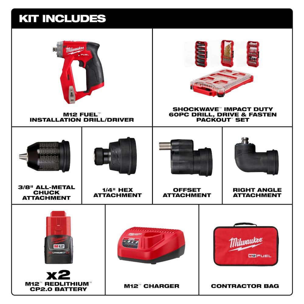 Milwaukee M12 FUEL 12V Li-Ion Brushless Cordless 4-in-1 Installation 3/8 in. Drill Driver Kit, 4-Heads & PACKOUT Bit Set (60-Pc)