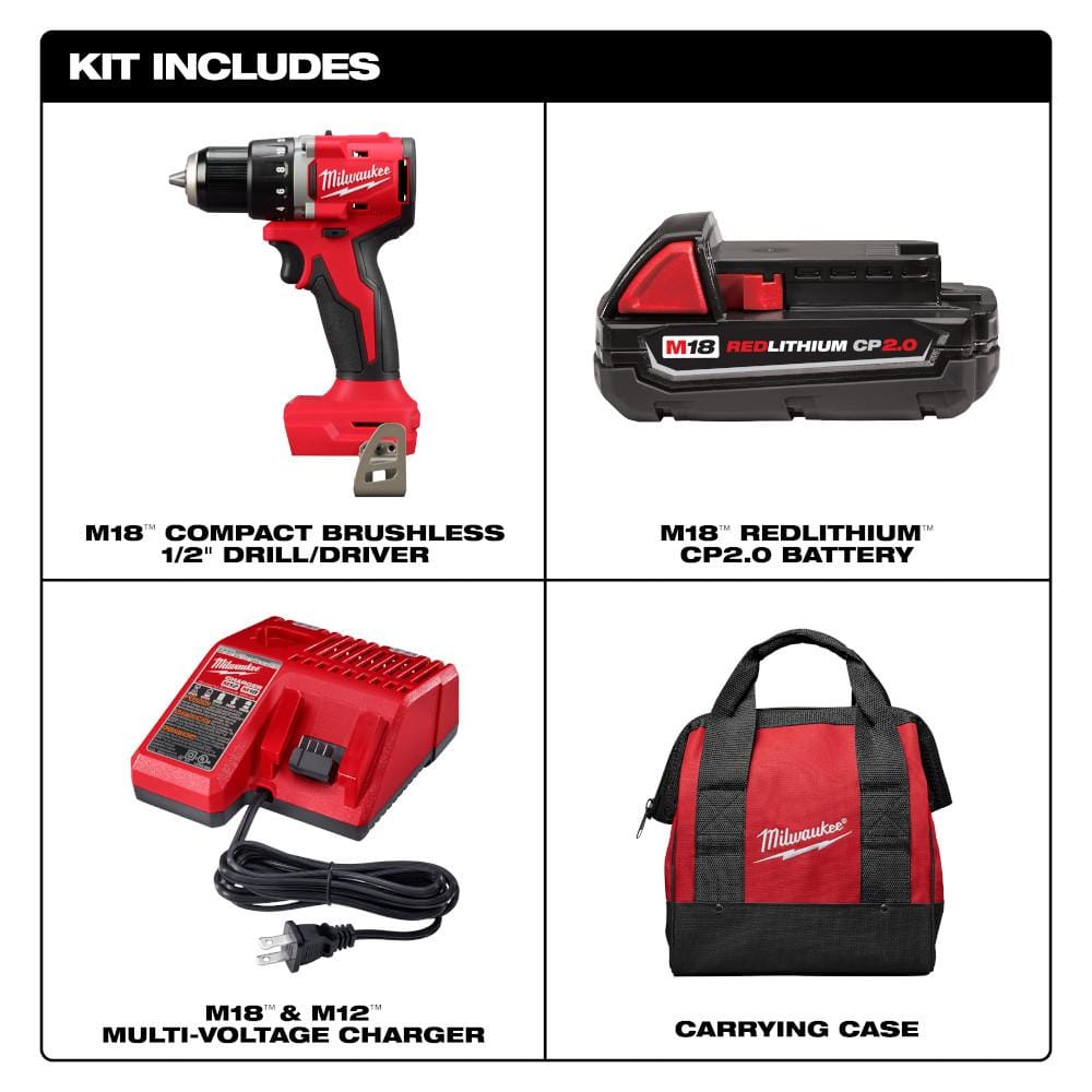 Milwaukee M18 18V Lithium-Ion Brushless Cordless Compact Drill/Driver w/ (1) 2.0Ah Battery, Charger & Bag w/ M18 2 Gal Vac