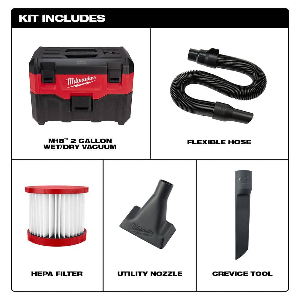 Milwaukee M18 18V Lithium-Ion Brushless Cordless Compact Drill/Driver w/ (1) 2.0Ah Battery, Charger & Bag w/ M18 2 Gal Vac