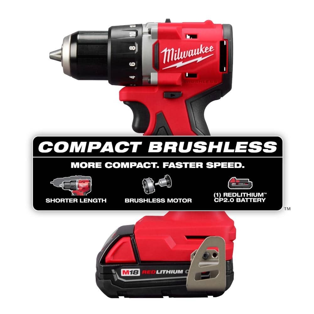 Milwaukee M18 18V Lithium-Ion Brushless Cordless Compact Drill/Driver w/ (1) 2.0Ah Battery, Charger & Bag w/ M18 2 Gal Vac