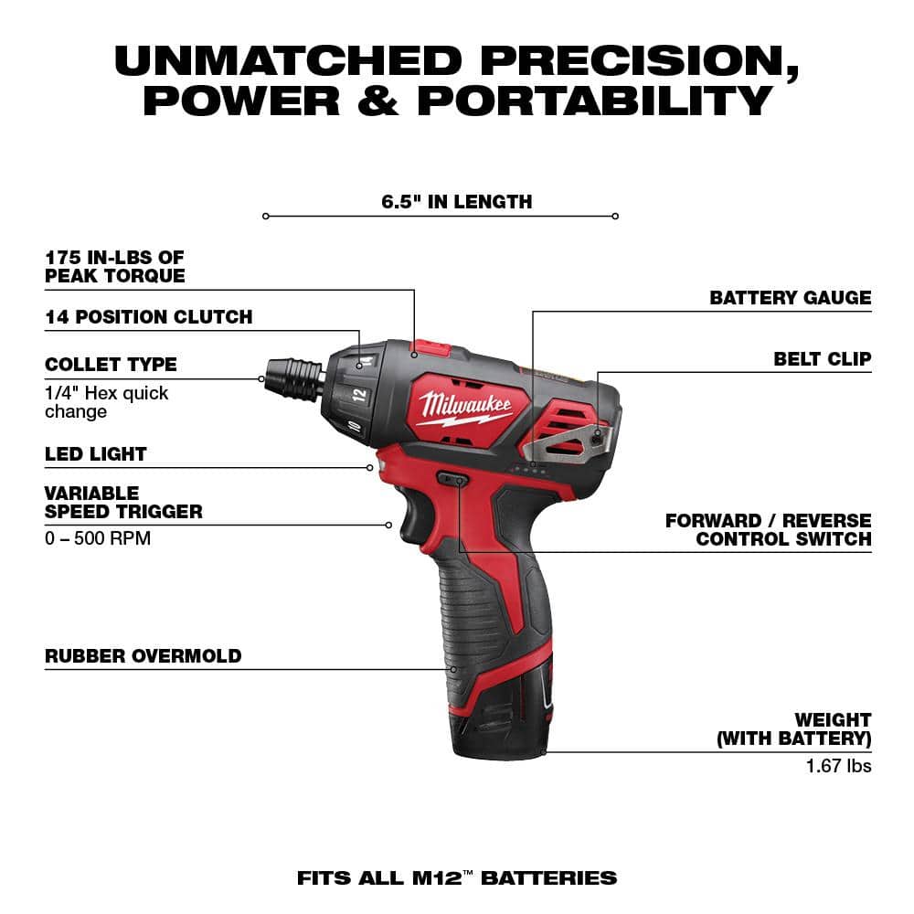 Milwaukee M12 12V Lithium-Ion Cordless 3/8 in. Ratchet & 1/4 in. Hex Screwdriver Combo Kit (2-Tool) with Battery, Charger & Tool Bag