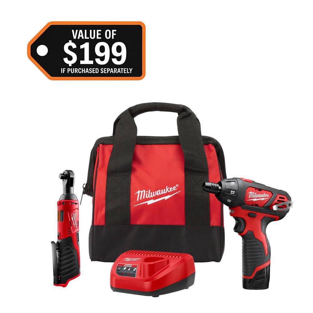 Milwaukee M12 12V Lithium-Ion Cordless 3/8 in. Ratchet & 1/4 in. Hex Screwdriver Combo Kit (2-Tool) with Battery, Charger & Tool Bag