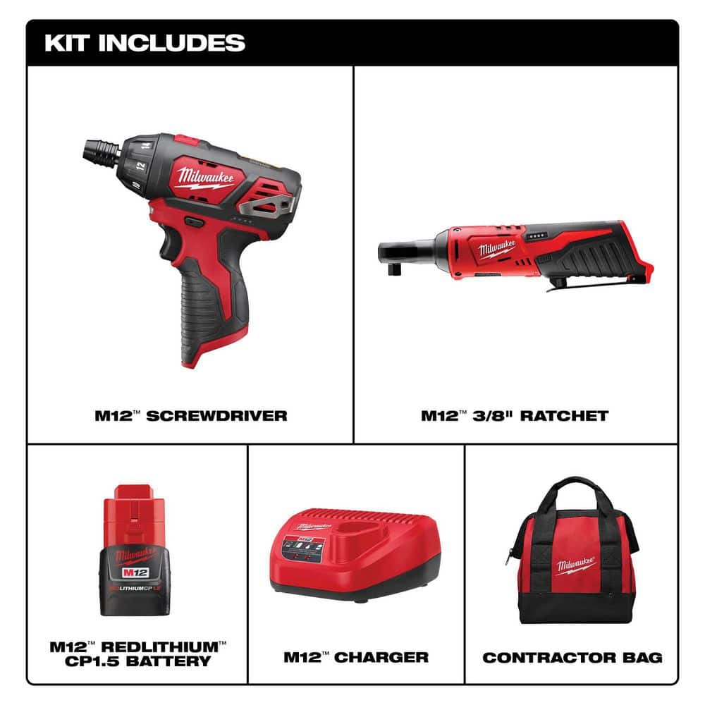 Milwaukee M12 12V Lithium-Ion Cordless 3/8 in. Ratchet & 1/4 in. Hex Screwdriver Combo Kit (2-Tool) with Battery, Charger & Tool Bag