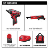 Milwaukee M12 12V Lithium-Ion Cordless 3/8 in. Ratchet & 1/4 in. Hex Screwdriver Combo Kit (2-Tool) with Battery, Charger & Tool Bag