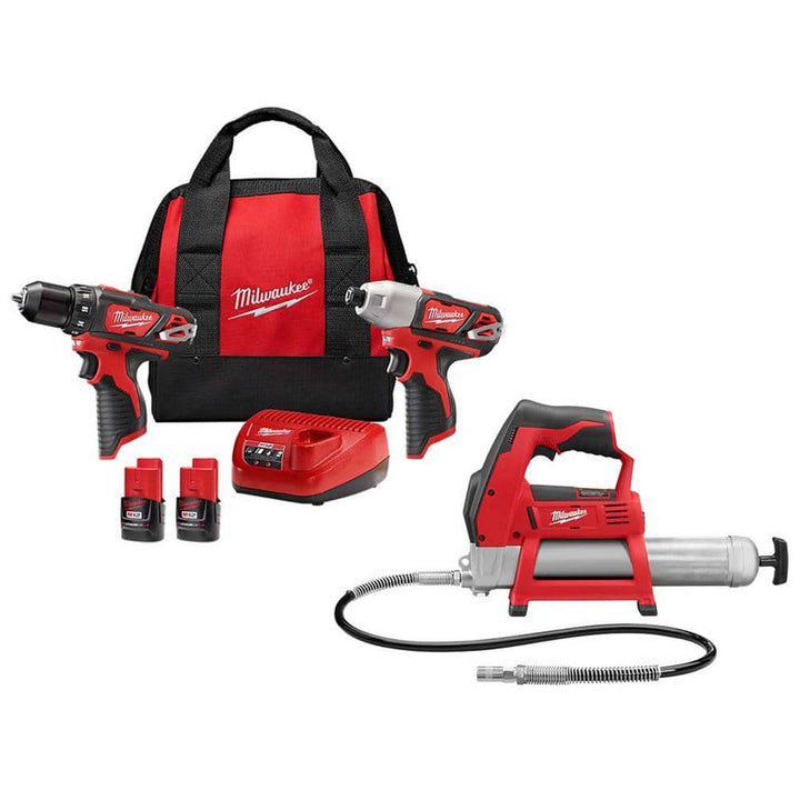 Milwaukee M12 12V Lithium-Ion Cordless Drill/Driver & Impact Driver Combo Kit with Two 1.5Ah Batteries, Charger, Bag and M12 Grease Gun