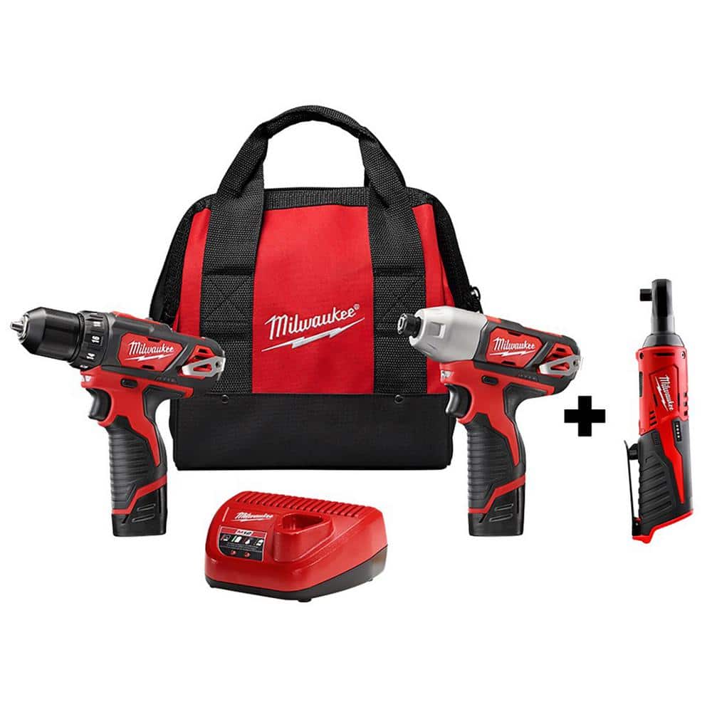 Milwaukee M12 12V Lithium-Ion Cordless Combo Kit (3-Tool) with M12 3/8 in. Ratchet