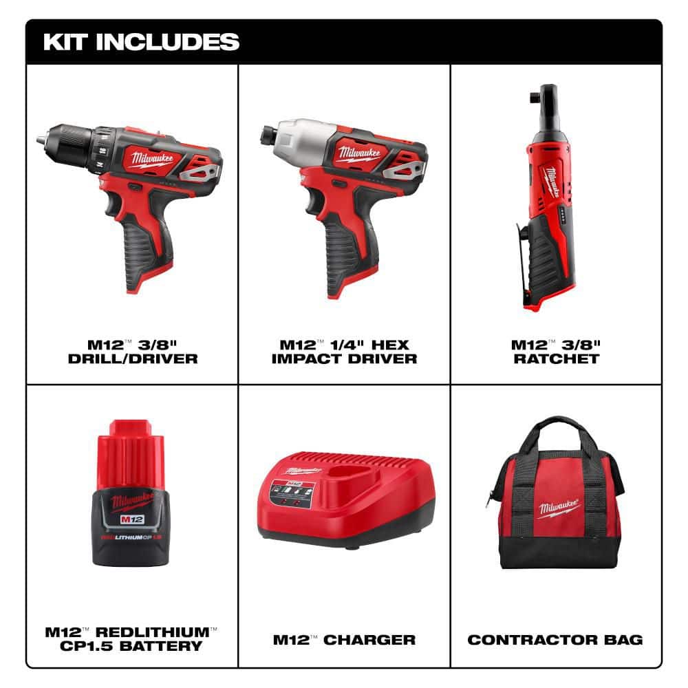 Milwaukee M12 12V Lithium-Ion Cordless Drill/Driver, Impact Driver & 3/8 in. Ratchet Combo Kit (3-Tool) with M12 Oscillating Multi-Tool