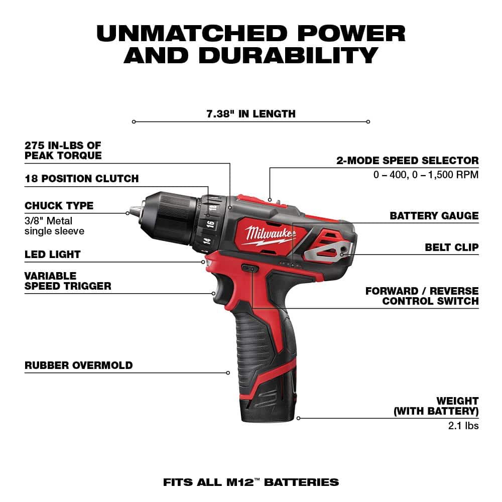 Milwaukee M12 12V Lithium-Ion Cordless Drill Driver/Impact Driver Combo Kit with Two 1.5Ah Batteries, Charger and Bag (2-Tool)