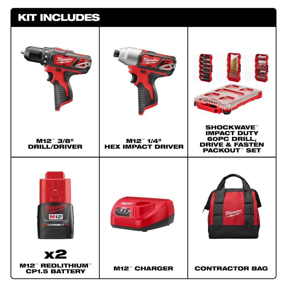Milwaukee M12 12V Li‑Ion Cordless Drill/Driver & Impact Driver Combo Kit w/ (2) 1.5Ah Batteries, Charger and PACKOUT Shockwave Bit Set (60 Pc)