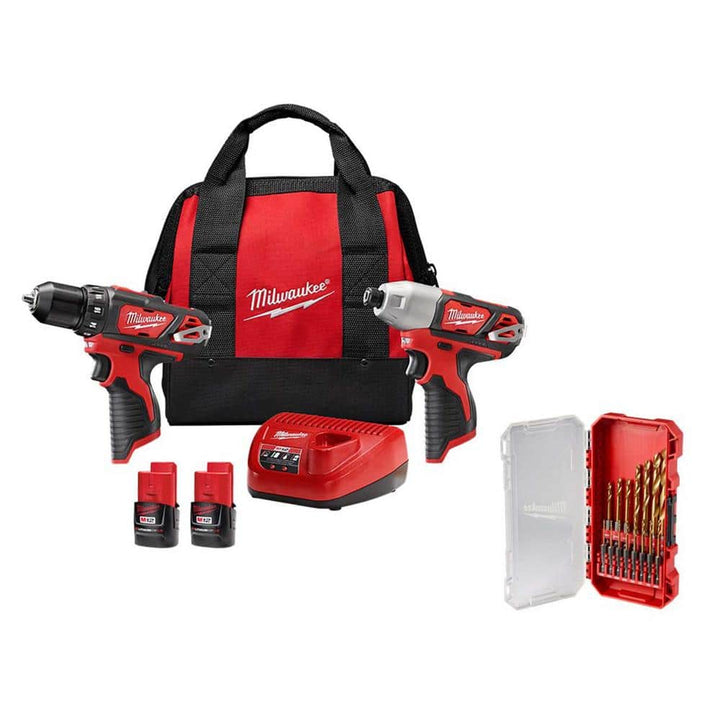 Milwaukee M12 12V Li-Ion Cordless Drill/Driver & Impact Driver Combo Kit with Two 1.5Ah Batteries, Charger, Bag (2-Tool) + 15‑Pc Bit Set