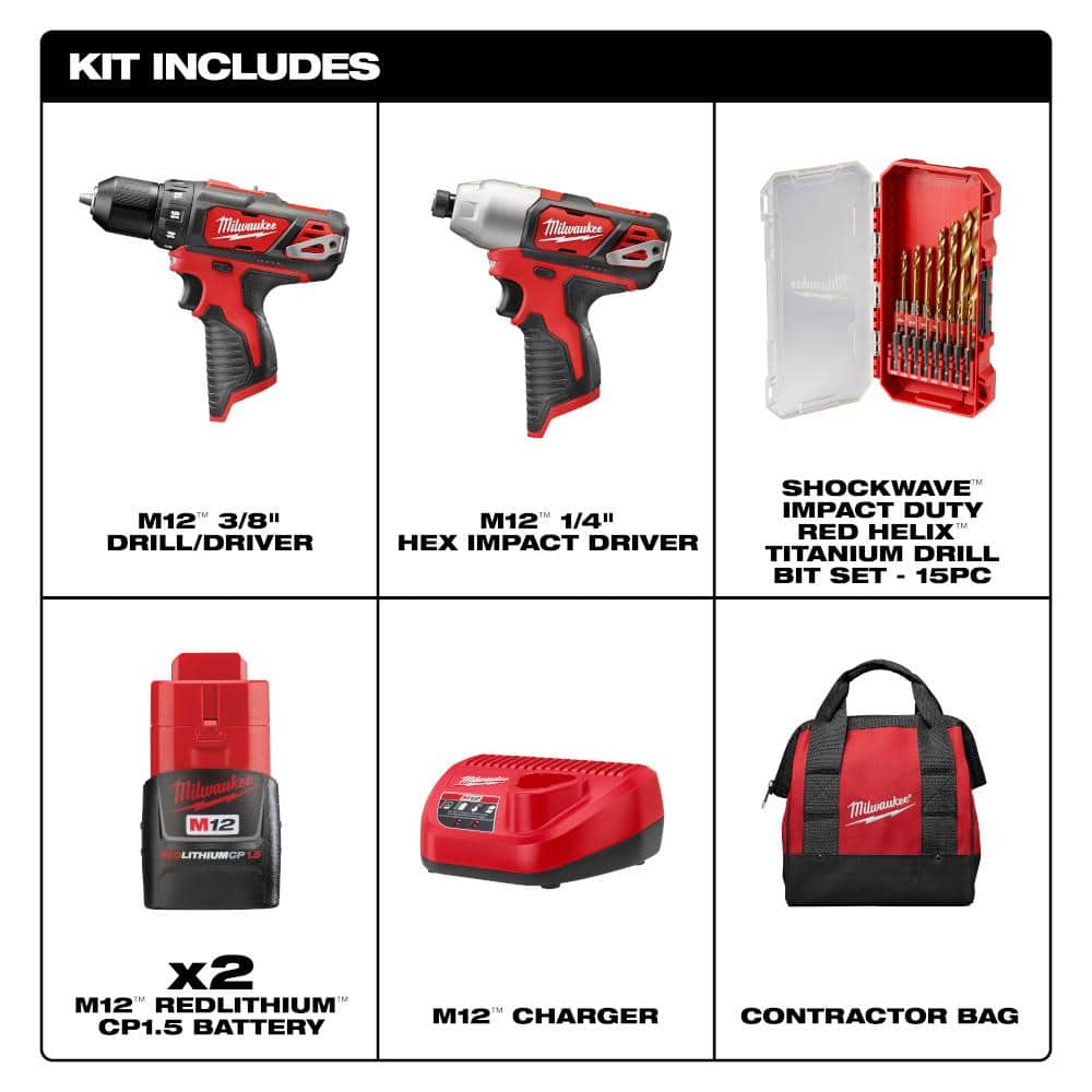 Milwaukee M12 12V Li-Ion Cordless Drill/Driver & Impact Driver Combo Kit with Two 1.5Ah Batteries, Charger, Bag (2-Tool) + 15‑Pc Bit Set